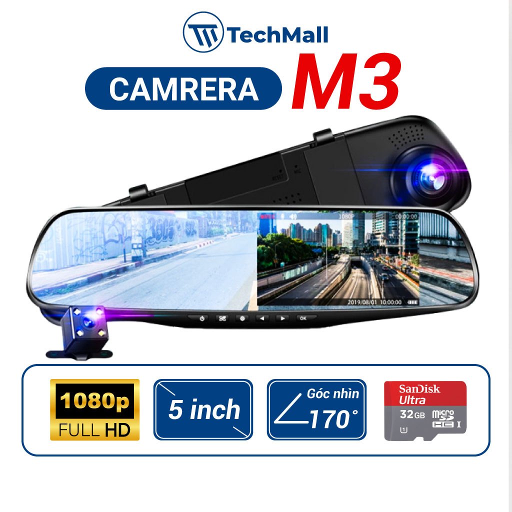 Camera Hành Trình M3 Gương Chiếu Hậu Màn 5 inch, Tích Hợp Cam Sau, Video Full Hd 1080P, BH 12 Tháng, Tặng Kèm Thẻ Nhớ