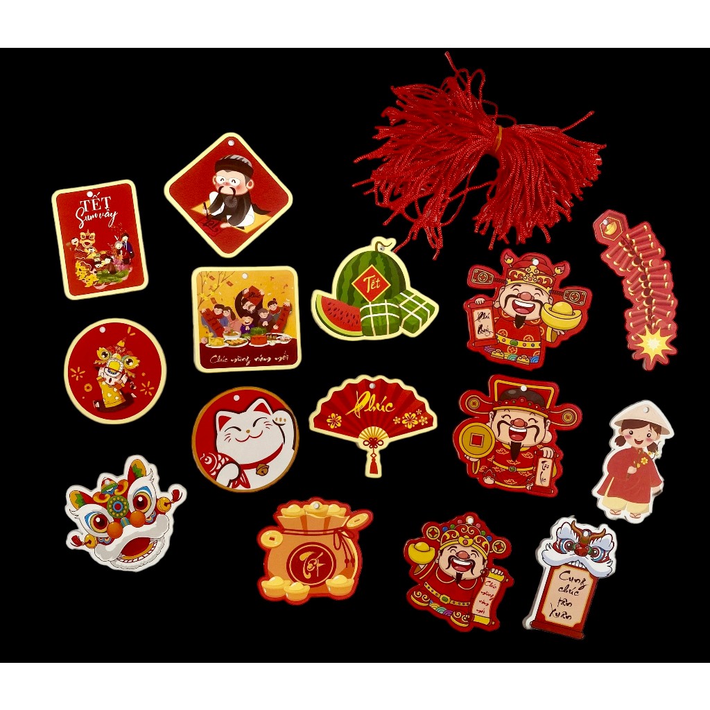 Set 100 Tag treo Tết mèo phú quý, thần tài tặng kèm dây