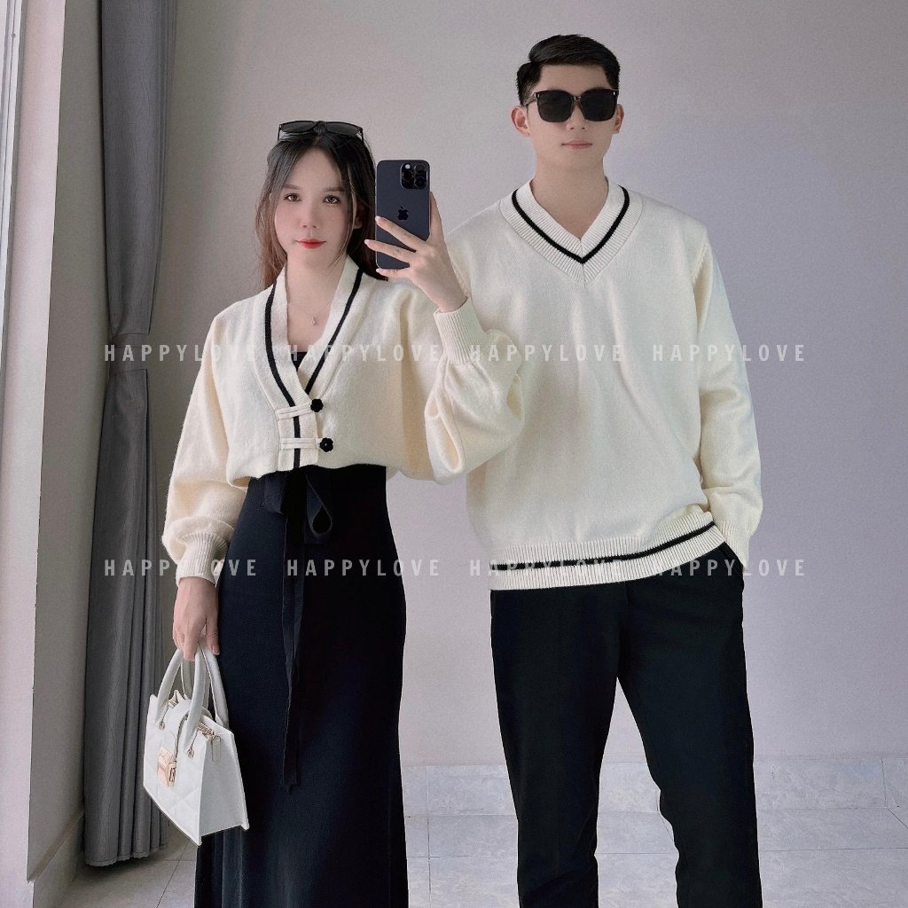 Đồ đôi nam nữ set couple áo len nam cổ tim đầm nữ hai món croptop HAPPYLOVE màu be kem cho cặp đôi M135