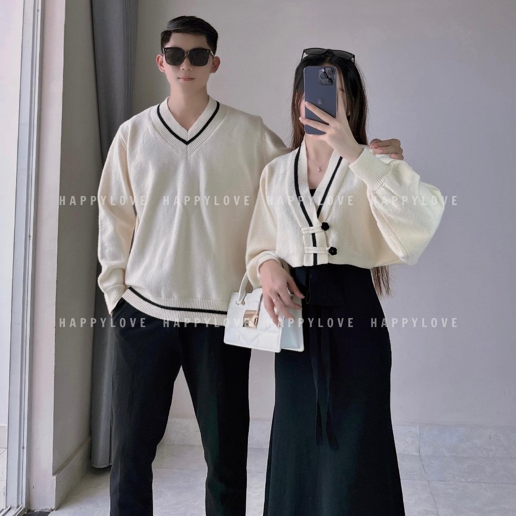 Đồ đôi nam nữ set couple áo len nam cổ tim đầm nữ hai món croptop HAPPYLOVE màu be kem cho cặp đôi M135