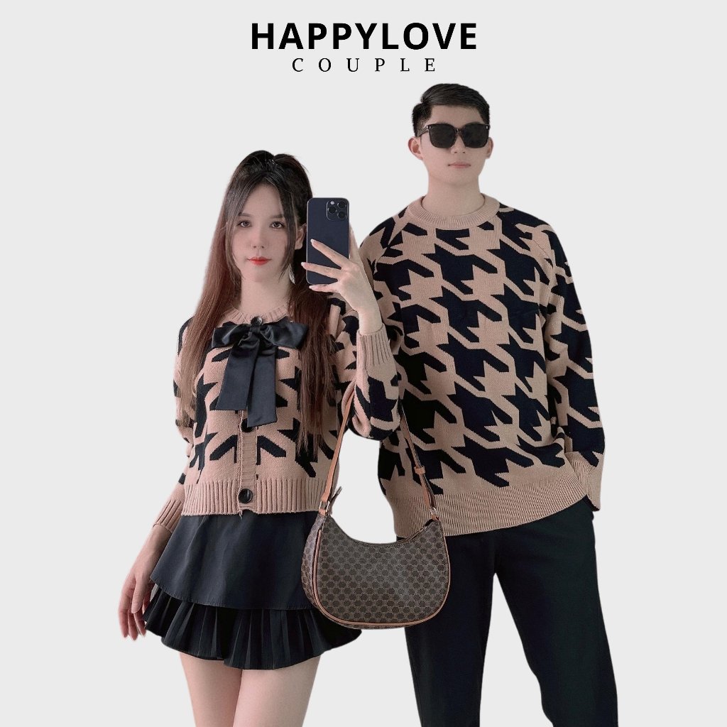 Đồ đôi áo len cặp nam nữ croptop đi đà lạt HAPPYLOVE màu nâu sang trọng hoạ tiết ziczac tặng kèm nơ 