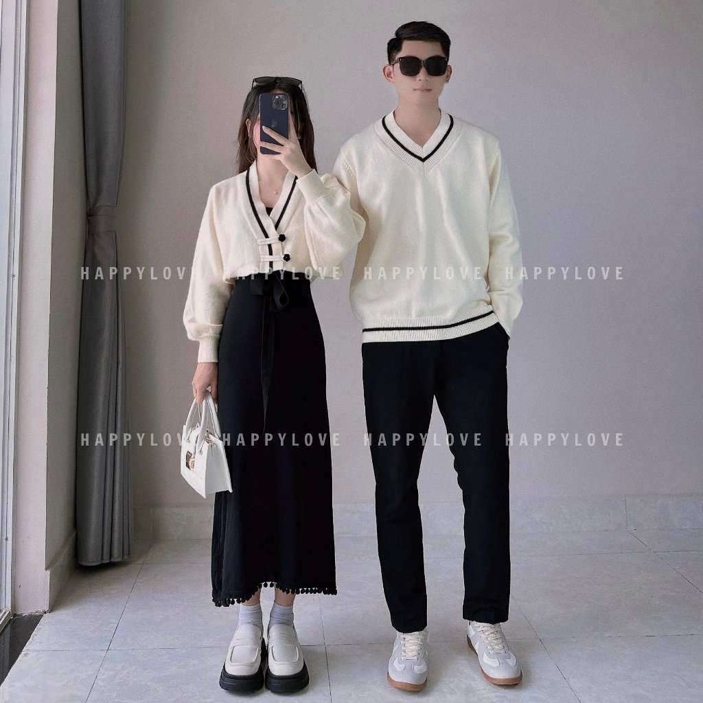 Đồ đôi nam nữ set couple áo len nam cổ tim đầm nữ hai món croptop HAPPYLOVE màu be kem cho cặp đôi M135