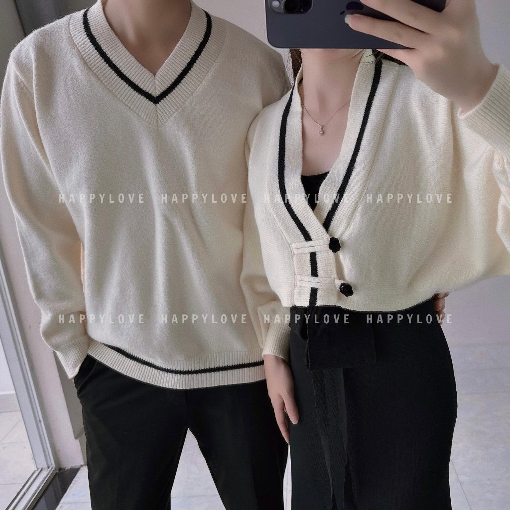 Đồ đôi nam nữ set couple áo len nam cổ tim đầm nữ hai món croptop HAPPYLOVE màu be kem cho cặp đôi M135