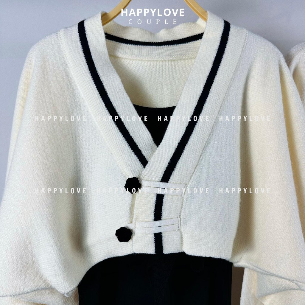 Đồ đôi nam nữ set couple áo len nam cổ tim đầm nữ hai món croptop HAPPYLOVE màu be kem cho cặp đôi M135