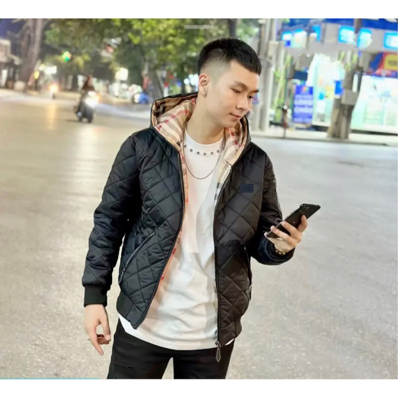 Áo khoác phao nam BBR mũ trùm dệt sọc quả trám túi zip logo lót gió kẻ sọc caro be 3 lớp dày dặn AK109P