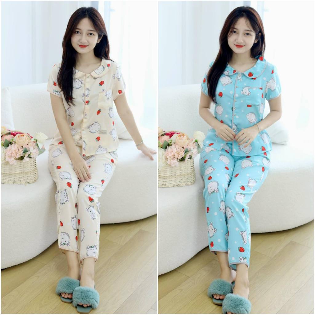 Đồ bộ cộc tay chất lụa cổ sen chuột dâu