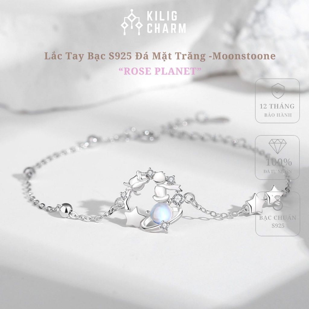 Lắc tay bạc nữ S925 "Rose Planet" đá mặt trăng Moonstone thu hút năng lượng tình duyên freesize - KiligCharm KC14