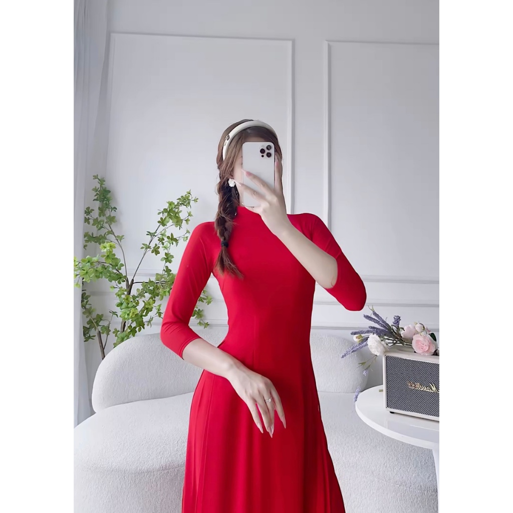 Áo dài trơn lụa nhật màu đỏ vải mềm mại co giãn 2 tà cổ 2 phân tay lỡ truyền thống