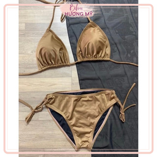 Bikini, đồ bơi 2 mảnh tam giác đơn giản màu nâu đồng sáng da (dây dài)