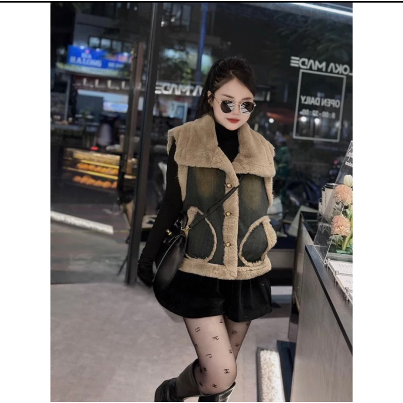 Áo Gile Bò Viền Lông Có Lót Lông Bên Trong Hàng QCCC