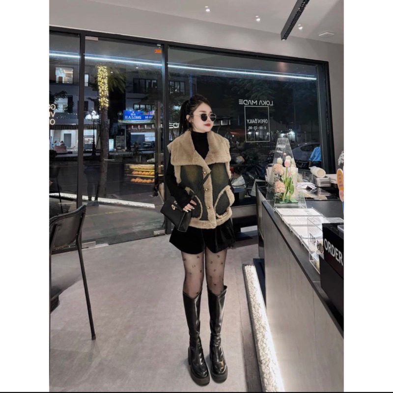 Áo Gile Bò Viền Lông Có Lót Lông Bên Trong Hàng QCCC