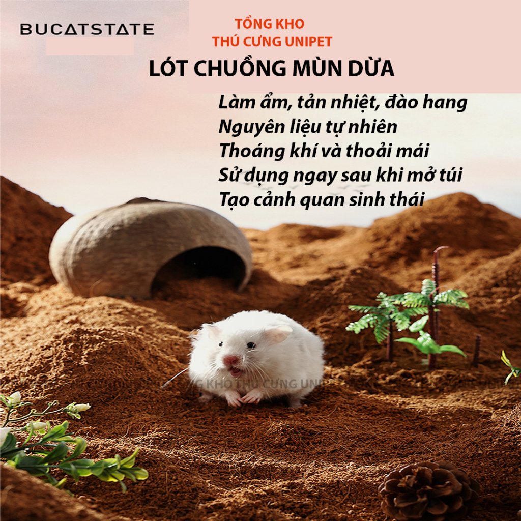 Mùn dừa lót chuồng chuột hamster, Rùa, bò sát, thú cưng nhỏ hãng BUCATSTATE đào hang trang trí cảnh quan gói 500gr