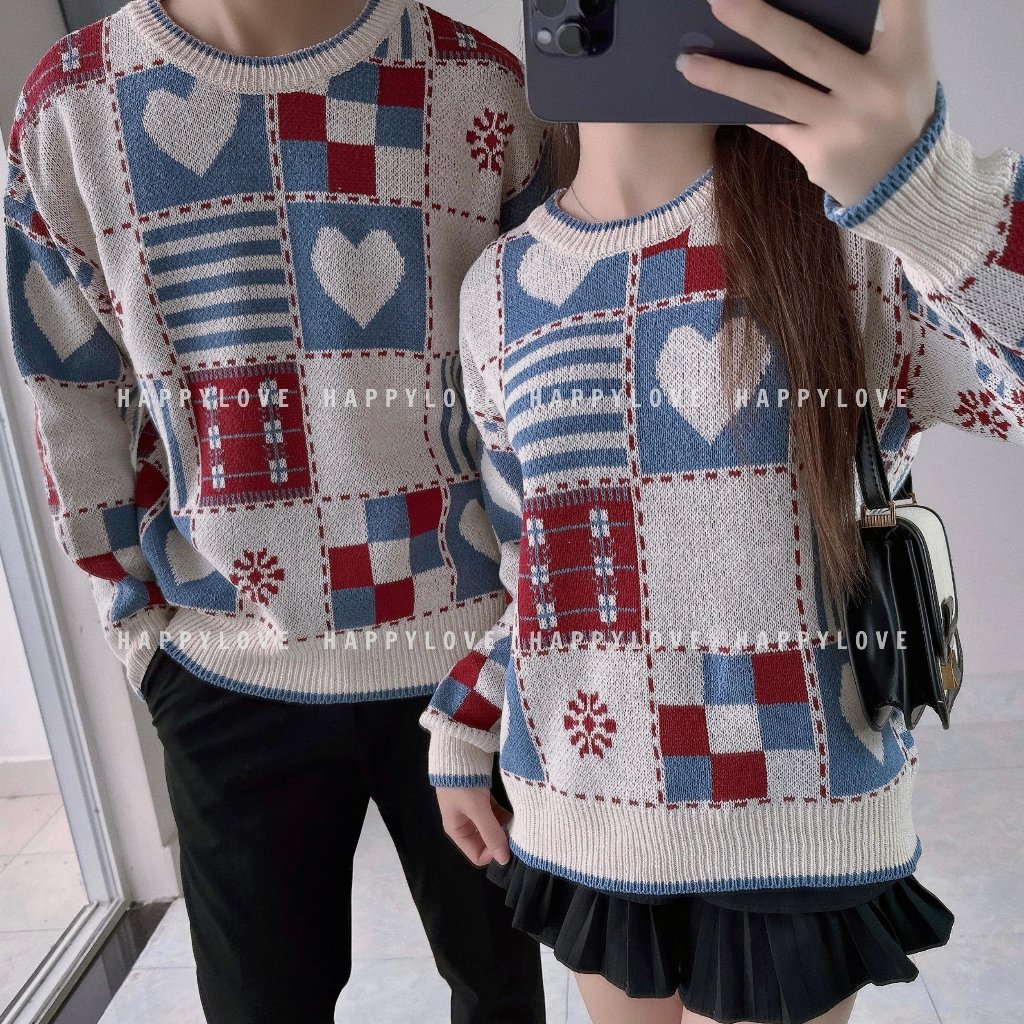 Áo len cặp nam nữ đồ đôi dài tay mùa đông form rộng HAPPYLOVE màu be kem hoạ tiết trái tim thời trang M049