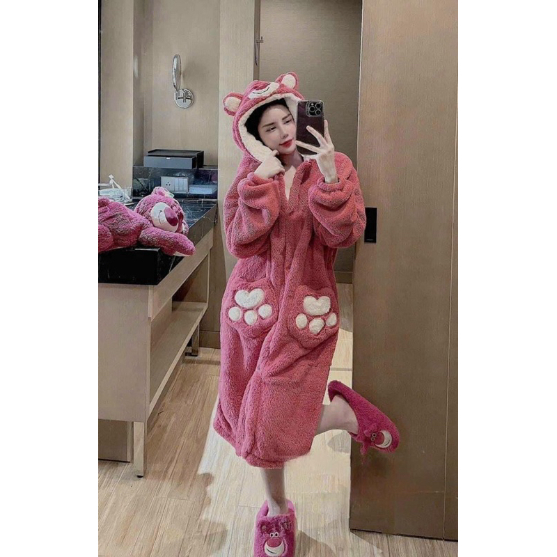 Bộ ngủ áo choàng lông ấm mùa đông korea