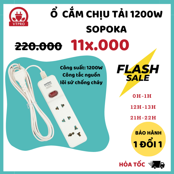 Ổ căm điện đa năng chịu tải 1200W Sopoka 3 ổ cắm dây dài 4,5m (sản phẩm giống hình)