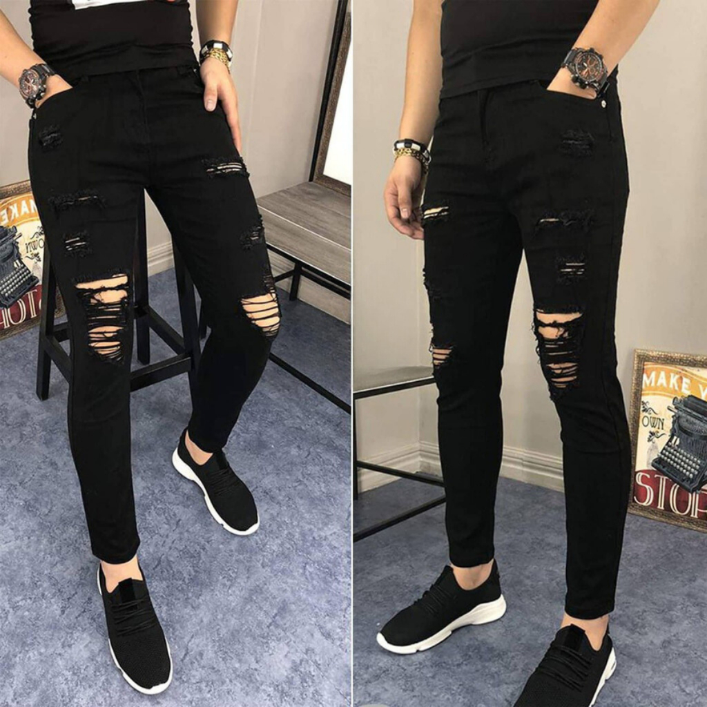 Quần jean nam đen rách cao cấp DSQ chất bò vải dày đẹp co giãn AHFASHION