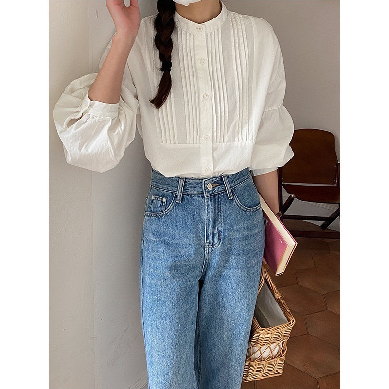 Áo sơ mi nữ, áo babydoll cổ tàu tay bồng tiểu thư xinh xắn phong cách Thời Trang B.Y Tea Clothing.