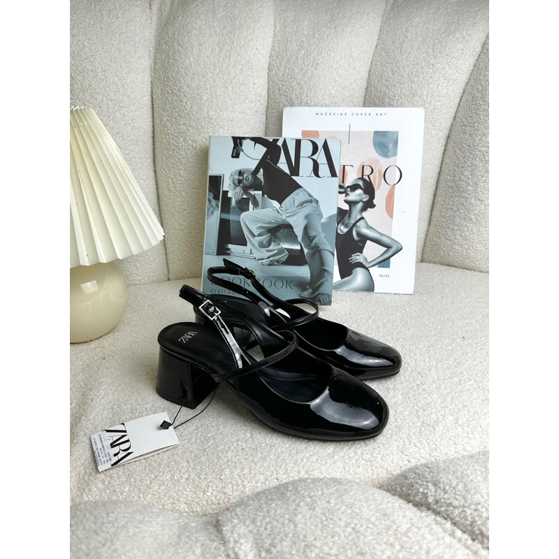 Giày sandal nữ cao gót ZR đen bóng mũi tròn đế trụ cao 5cm phong cách tiểu thư thanh lịch dễ phối đồ fullbox 2023