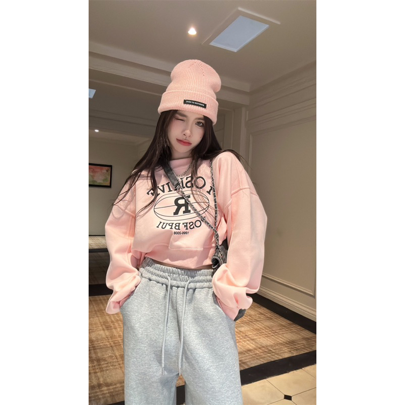 Áo nỉ nữ mùa thu đông phong cách retro ngắn dáng rộng