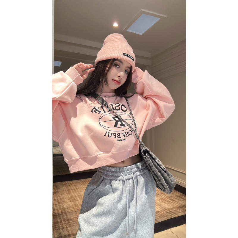 Áo nỉ nữ mùa thu đông phong cách retro ngắn dáng rộng