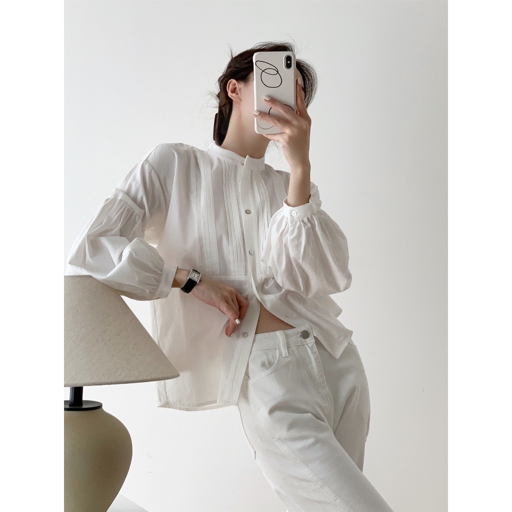 Áo sơ mi nữ, áo babydoll cổ tàu tay bồng tiểu thư xinh xắn phong cách Thời Trang B.Y Tea Clothing.