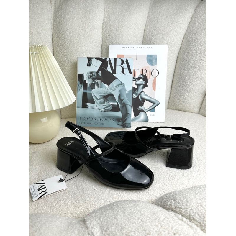 Giày sandal nữ cao gót ZR đen bóng mũi tròn đế trụ cao 5cm phong cách tiểu thư thanh lịch dễ phối đồ fullbox 2023