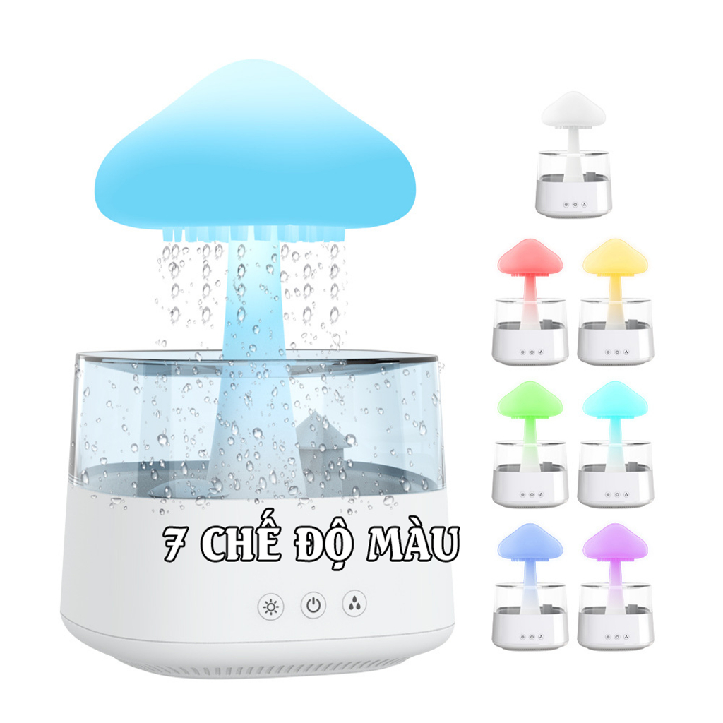 Máy Xông Tinh Dầu Phòng Ngủ Hình Cây Nấm 450ml Có Remot, Có Đèn Ngủ 7 Chế Độ, Có Tiếng Mưa