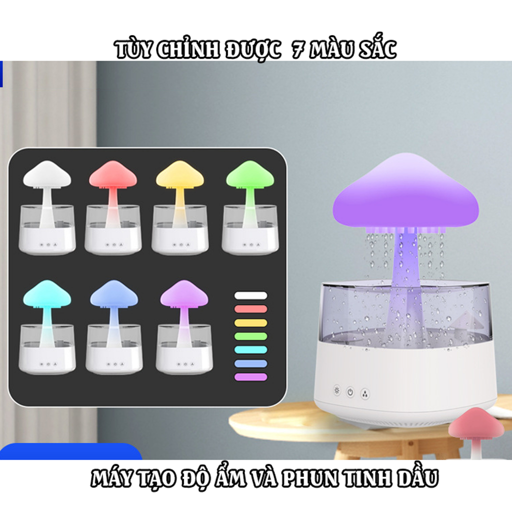 Máy Xông Tinh Dầu Phòng Ngủ Hình Cây Nấm 450ml Có Remot, Có Đèn Ngủ 7 Chế Độ, Có Tiếng Mưa