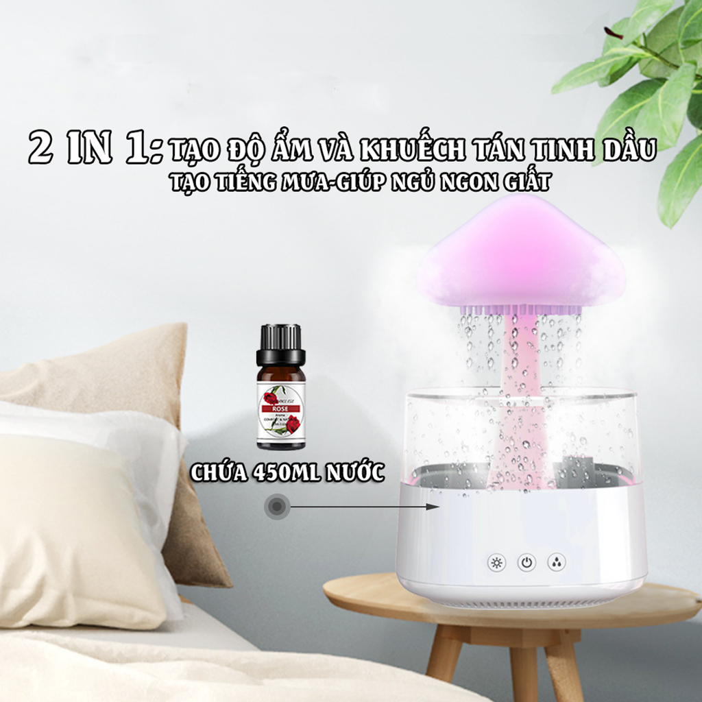 Máy Xông Tinh Dầu Phòng Ngủ Hình Cây Nấm 450ml Có Remot, Có Đèn Ngủ 7 Chế Độ, Có Tiếng Mưa