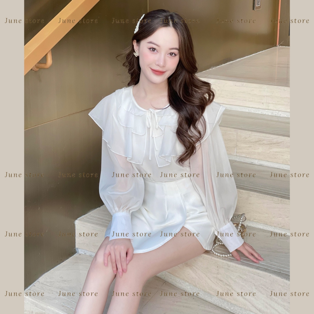 Set áo sơ mi bèo 3 tầng mix quần giả váy tacta phong cách thanh lịch 911 Junest