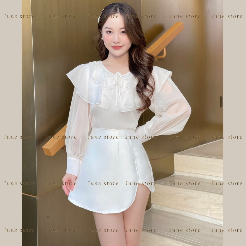 Set áo sơ mi bèo 3 tầng mix quần giả váy tacta phong cách thanh lịch 911 Junest