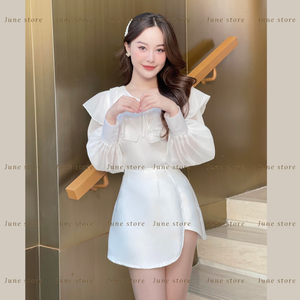 Set áo sơ mi bèo 3 tầng mix quần giả váy tacta phong cách thanh lịch 911 Junest