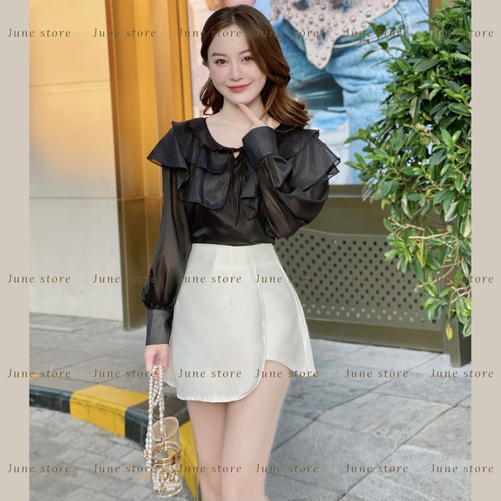 Set áo sơ mi bèo 3 tầng mix quần giả váy tacta phong cách thanh lịch 911 Junest