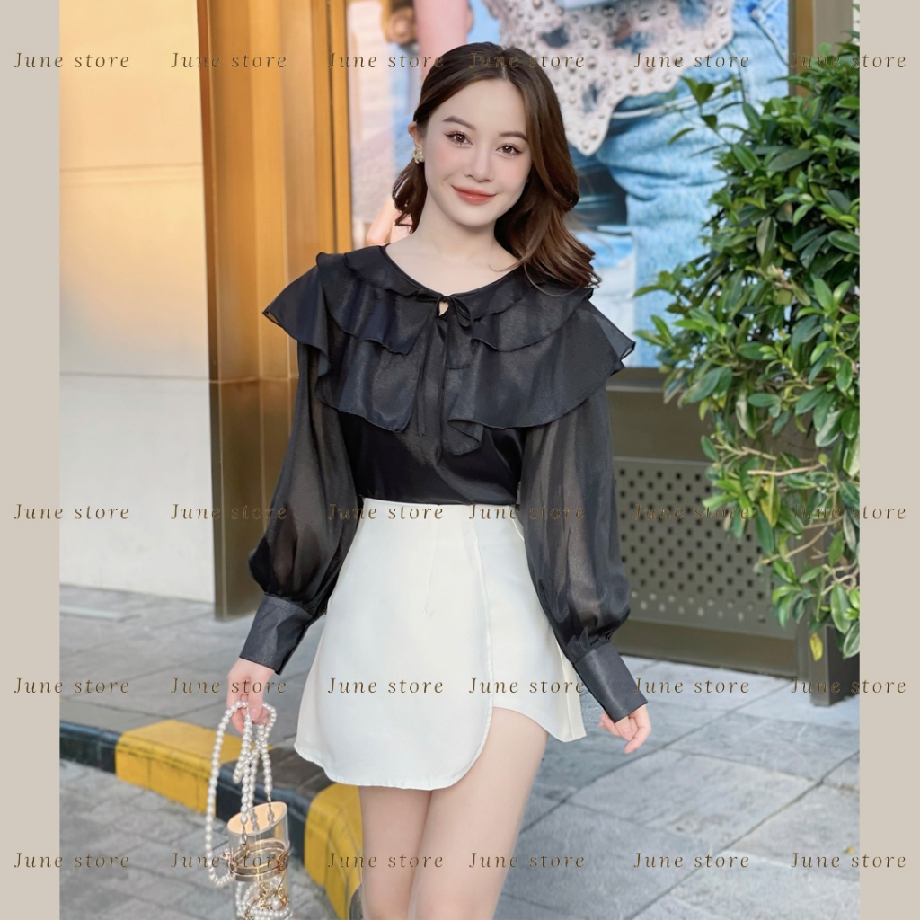 Set áo sơ mi bèo 3 tầng mix quần giả váy tacta phong cách thanh lịch 911 Junest