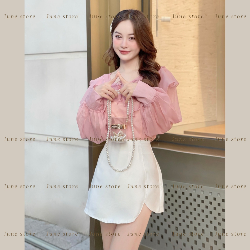 Set áo sơ mi bèo 3 tầng mix quần giả váy tacta phong cách thanh lịch 911 Junest