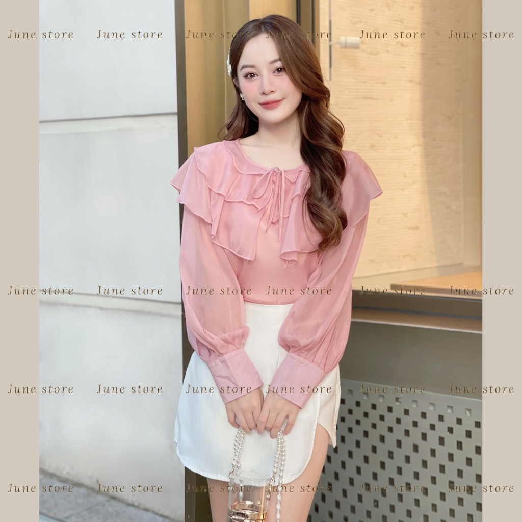 Set áo sơ mi bèo 3 tầng mix quần giả váy tacta phong cách thanh lịch 911 Junest