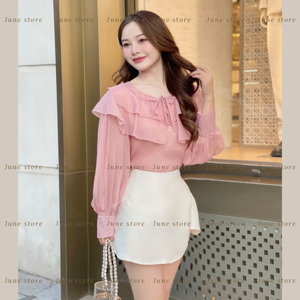 Set áo sơ mi bèo 3 tầng mix quần giả váy tacta phong cách thanh lịch 911 Junest