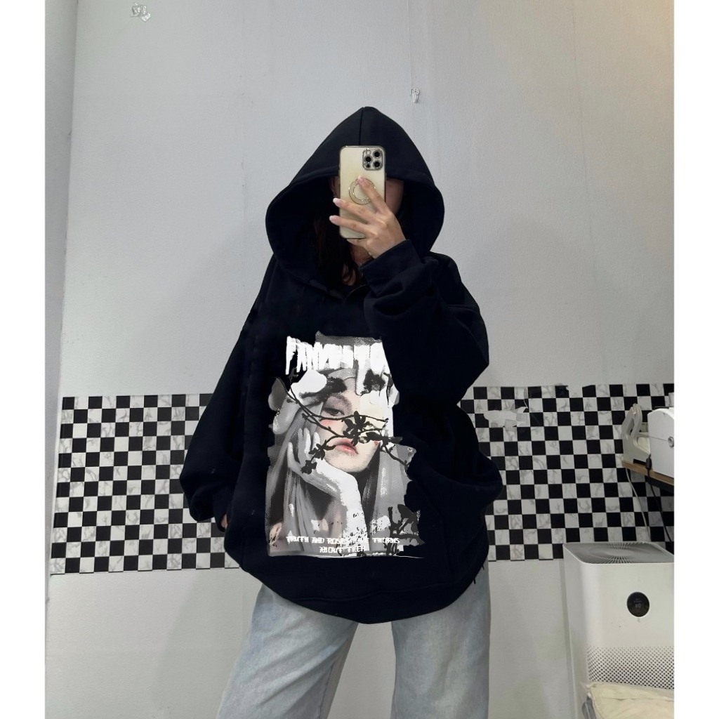 Áo Hoodie Cô Gái Nhành Hoa Form Rộng Chất Liệu Nỉ Ngoại