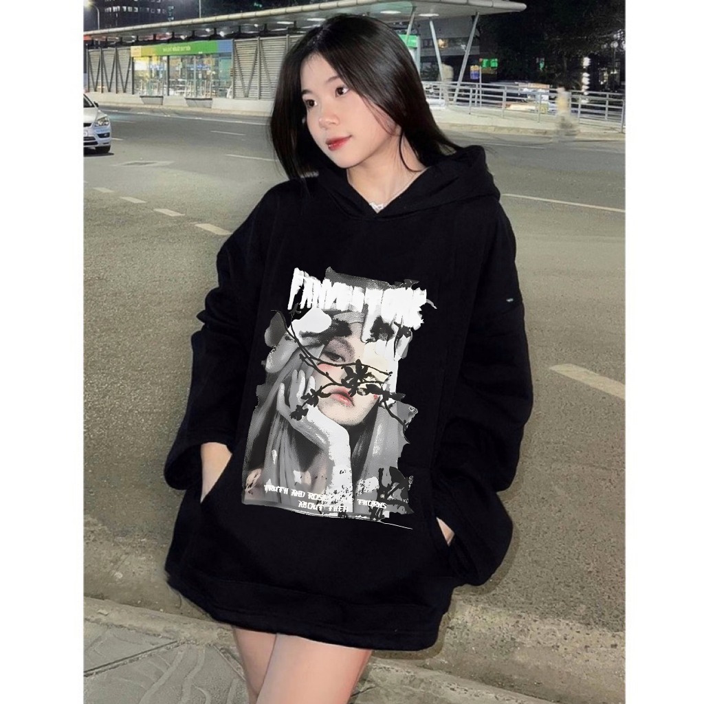 Áo Hoodie Cô Gái Nhành Hoa Form Rộng Chất Liệu Nỉ Ngoại