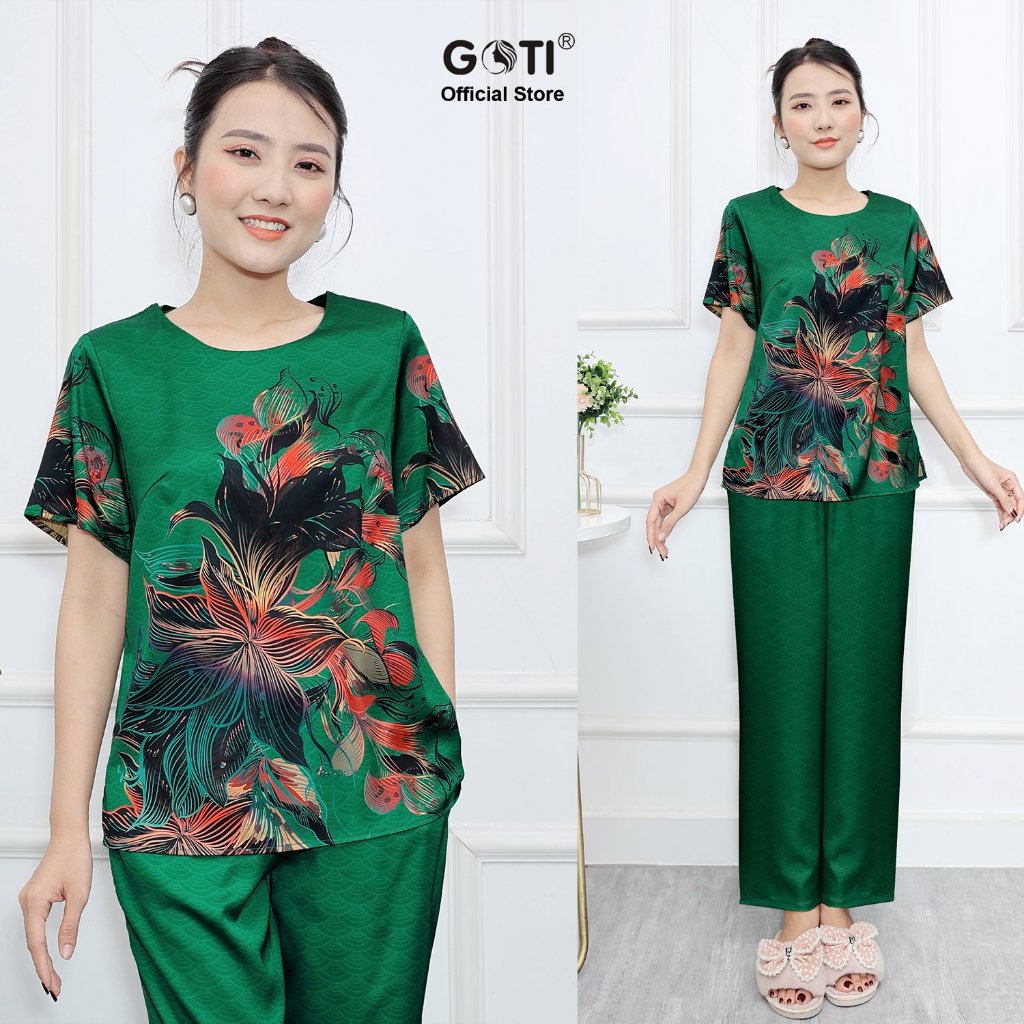 GOTI – Đồ Bộ Trung Niên Tay Lỡ Dành Tặng Mẹ U50 U60 Kiểu Set Bộ In Hoa Sen Lớn Vải Lụa Mềm Mịn Có Size Lớn 3392