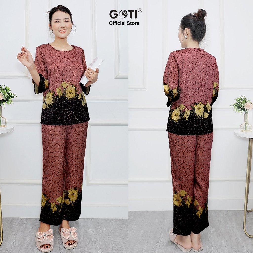 GOTI – Đồ Bộ Lụa Dành Tặng Mẹ Trung Niên In Hoa Sang Trọng Nhiều Màu,Thời Trang Trung Niên Bigsize 45-80kg 3392