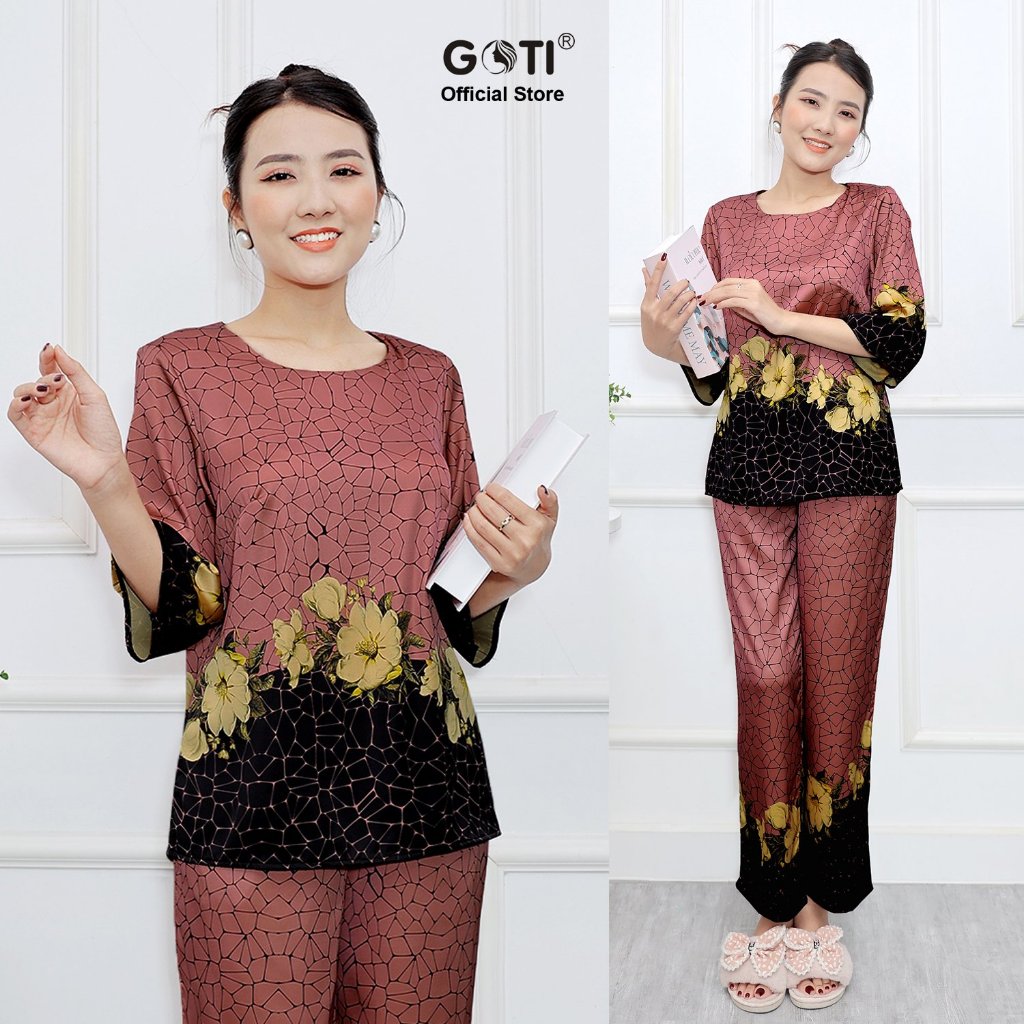 GOTI – Đồ Bộ Trung Niên Tay Lỡ Dành Tặng Mẹ U50 U60 Kiểu Set Bộ In Hoa Sen Lớn Vải Lụa Mềm Mịn Có Size Lớn 3392