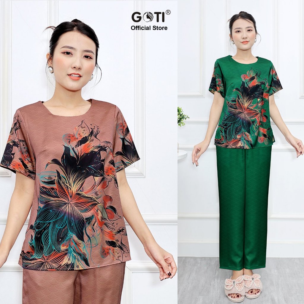 GOTI – Đồ Bộ Lụa Dành Tặng Mẹ Trung Niên In Hoa Sang Trọng Nhiều Màu,Thời Trang Trung Niên Bigsize 45-80kg 3392