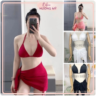 Bikini Đồ Bơi Đi Biển Tam Giác Ba Mảnh Gồm Áo +Quần Chip+Khăn Chất Xốp Dập Có Sẵn Nhiều Màu (Ảnh Thật)