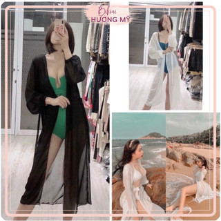 Áo choàng khoát ngoài bikini tay bo vải chất chifong dày dặn, dáng dài 2 màu đen, trắng