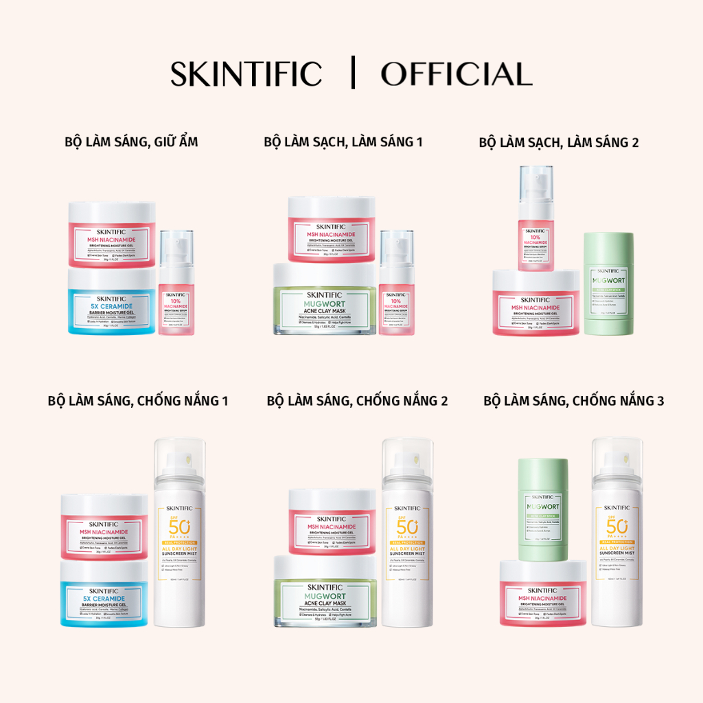 Bộ 3 làm sáng, sạch da, dưỡng ẩm SKINTIFIC gồm Mặt nạ ngải cứu 55g + Dưỡng ẩm làm sáng 30g + Dưỡng ẩm 5X 30g + Serum làm