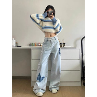 ( Sẵn + hỏa tốc HCM) Quần jeans cạp cao ống rộng hình bướm/ Quần ống suông, ống đứng màu xanh nhạt-N16- naii.order