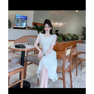 TSL đầm dáng xòe trắng cổ tròn đính cườm voan ren dự tiệc du xuân mặc Tết