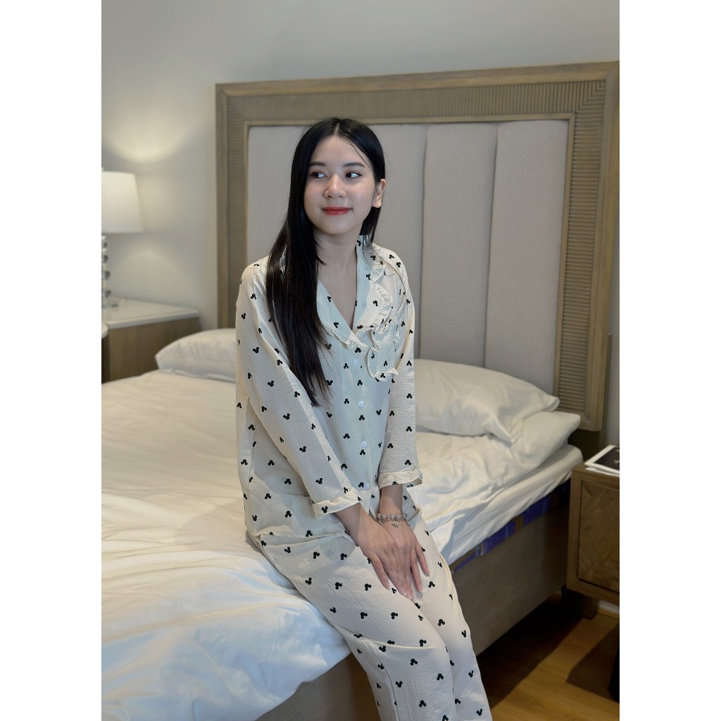 Bộ Pijama Cổ bèo ⚡️  ⚡️ Bộ Ngủ Xinh Quần Áo Dài Chất Đũi Xốp Mềm Nhiều Họa Tiết