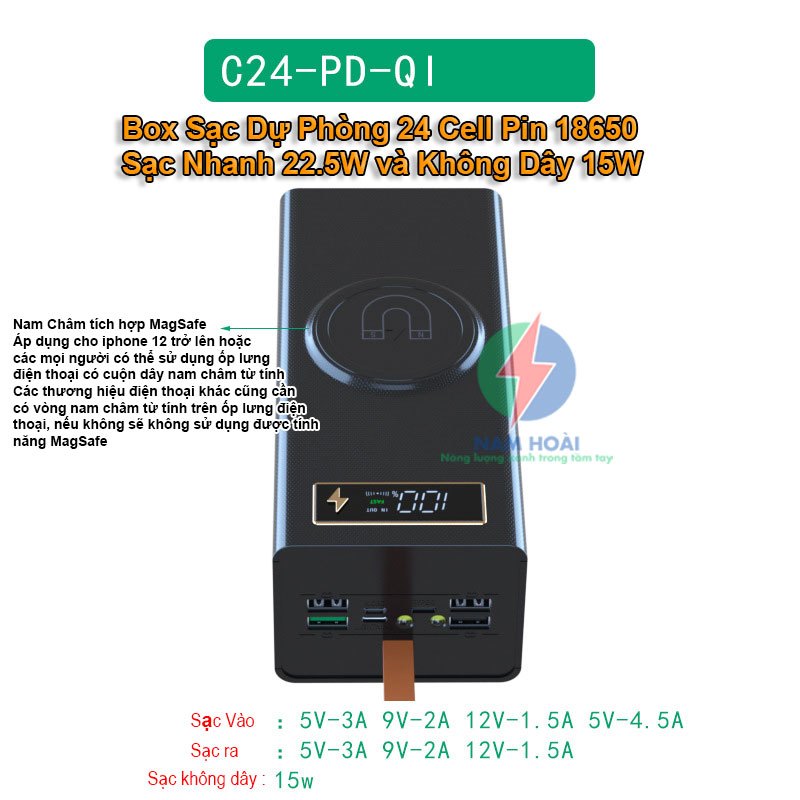 Box sạc dự phòng 24 cell pin 18650 C24 Sạc nhanh 22.5W và Sạc nhanh không dây 15W nam châm từ tính